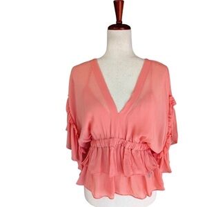 Chic Coral Ruffle V-Neck Blouse